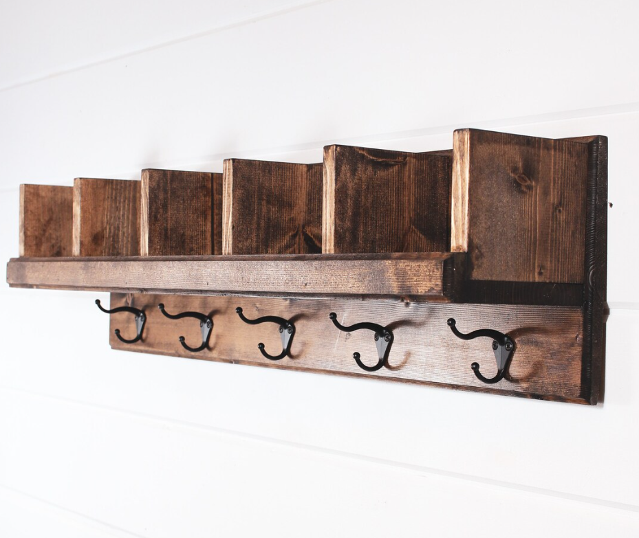 Wooden Wall Peg Coat Rack Entryway Organization Shelf Key Holder with Hooks