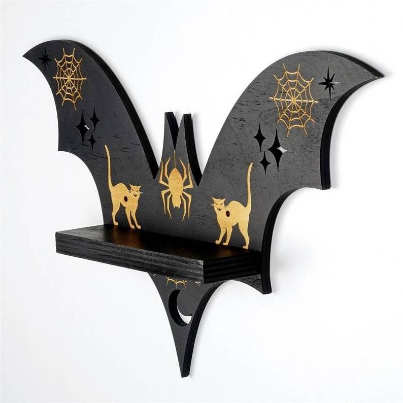 Black Bat Gothic Wall Decor Shelf Halloween Witch Decoration Wall Hanging Bat Decor with Shelf