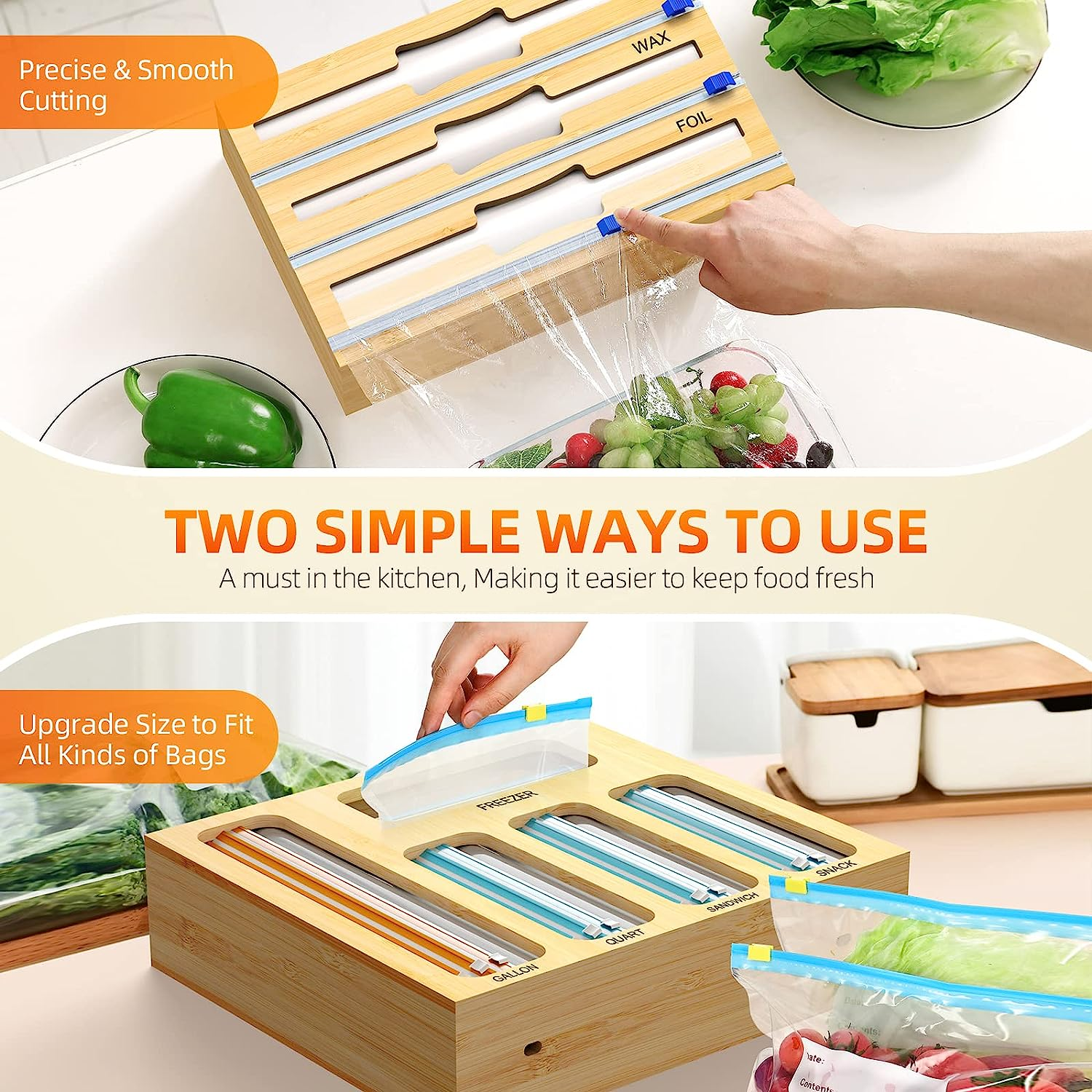 9-in-1 Kitchen Drawer Organizer Plastic Wrap & Bamboo Foil Dispenser with Cutter Ziplock Bag Storage Box for Efficient Storage