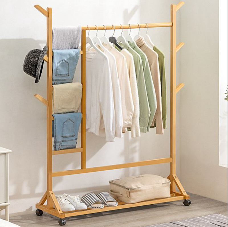 Wooden Heavy Duty Freestanding Garment Tree Rack with Universal Wheel Display Clothing Rack Floor-standing with Shelves