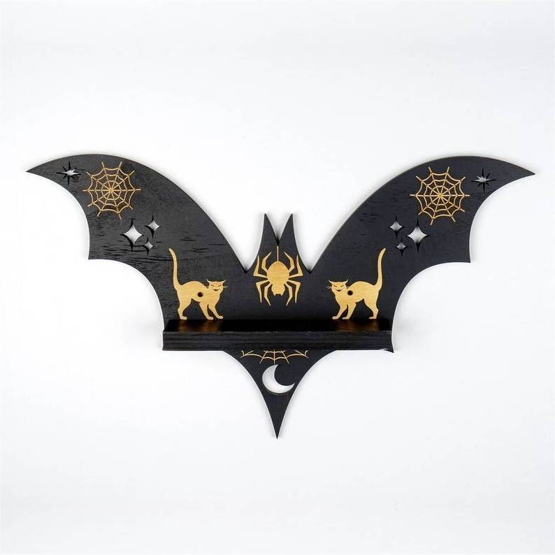 Black Bat Gothic Wall Decor Shelf Halloween Witch Decoration Wall Hanging Bat Decor with Shelf