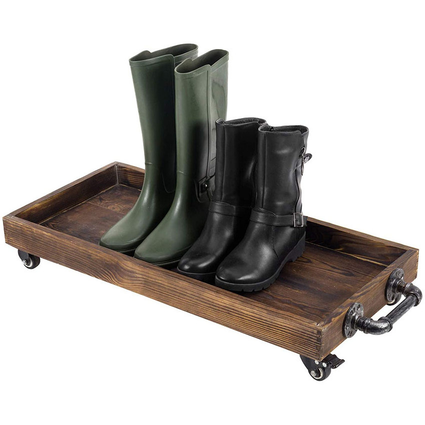 Custom Entryway Boots Mat Tray Rustic Wood Rolling Boot Tray With Metal Pipe Handles