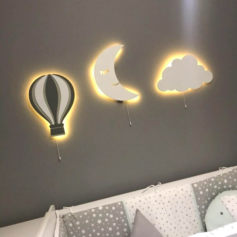 Set of 3 Kids Fairy Tale Room Wall Decor Wood Moon Cloud Balloon Wall Nursery Lighting Room Night Light Bedside Lamp