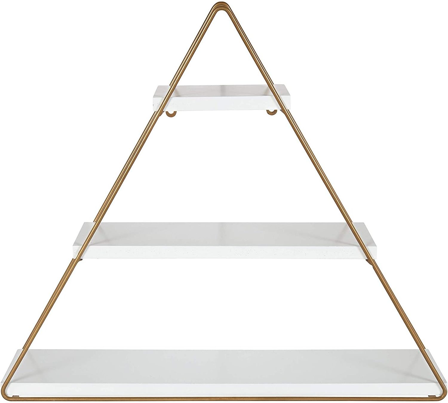 Small Three Tiered Triangle Floating Metal Wall Shelf, White and Gold