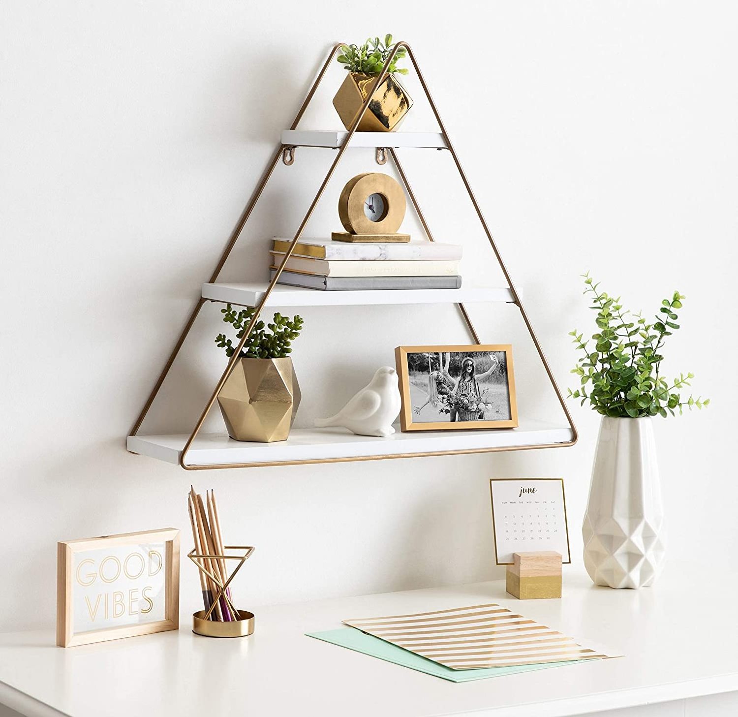 Small Three Tiered Triangle Floating Metal Wall Shelf, White and Gold