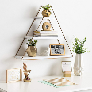 Small Three Tiered Triangle Floating Metal Wall Shelf, White and Gold