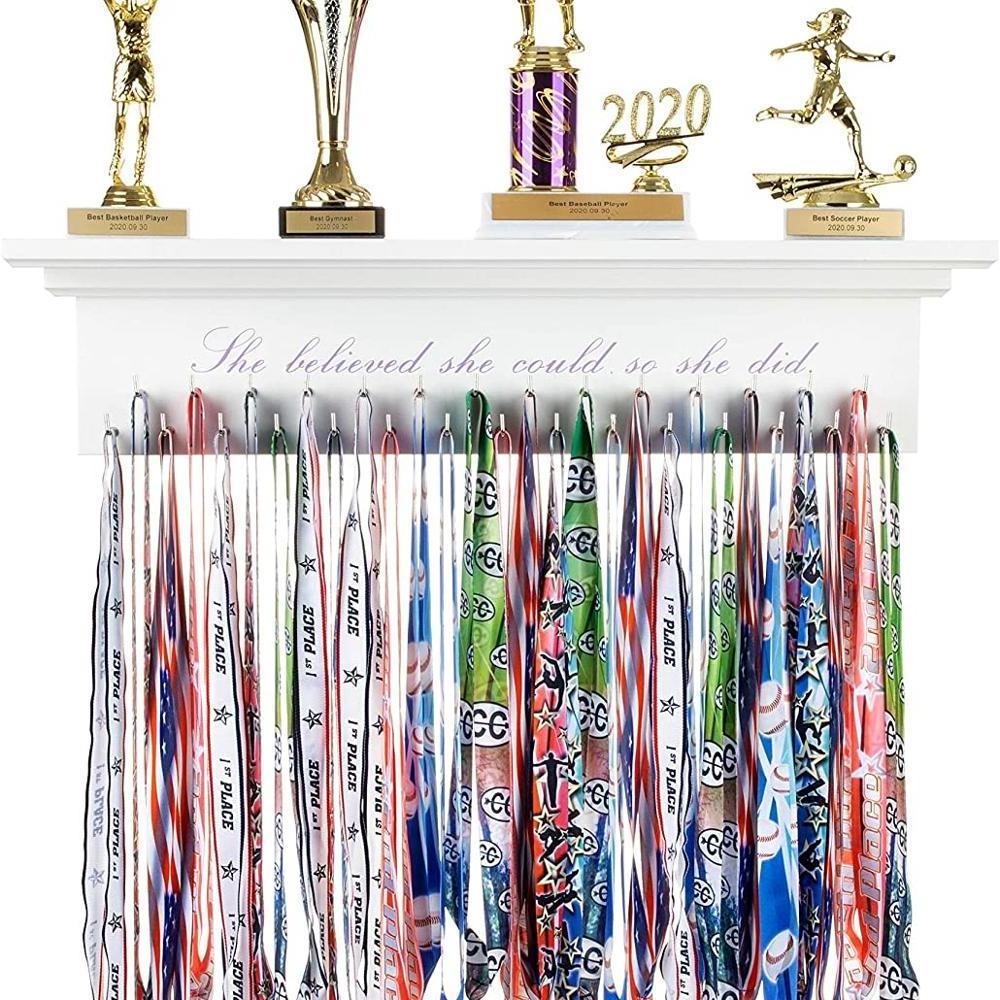 Medal Hanger Trophy Shelf Ribbon Holder for Girls Simple Design Display Rack with Strong Hooks