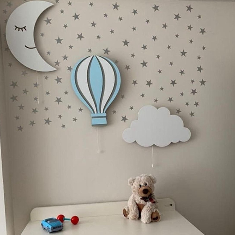 Set of 3 Kids Fairy Tale Room Wall Decor Wood Moon Cloud Balloon Wall Nursery Lighting Room Night Light Bedside Lamp