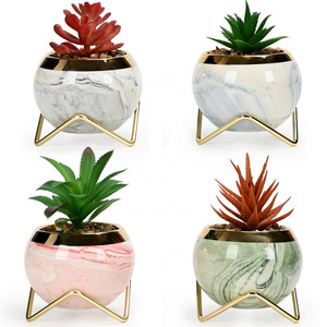 Wholesale Sublimation Blank Coated Custom Succulent Planter Ceramic Flower Planter Pot with iron Tray Desk Flowerpot in Bulk