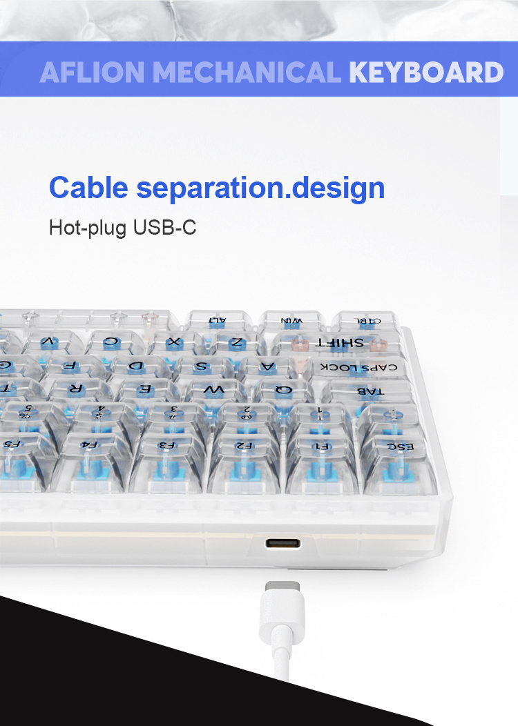 AFLION New arrival Mechanical Gaming Keyboard  Blue Switch 84 Clear Keycaps Wired Transparent Keyboard