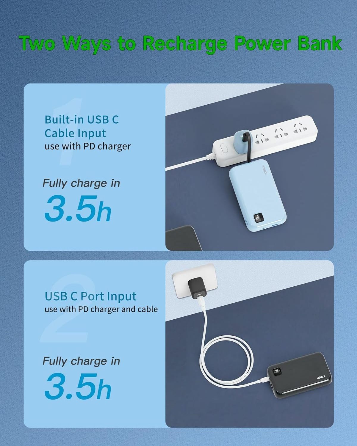 Idmix Portable Charger Power Bank with 2 Built in Cables(USB-C and USB-L)10000mAh PD 20W Fast Charging with LED Display