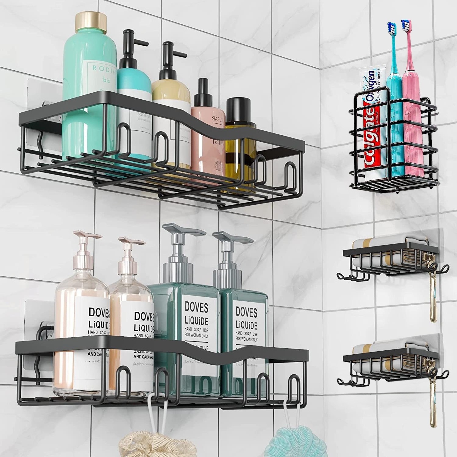 Best Sale Self Adhesive Black Bathroom Shelves Wall Mounted Rustproof Shower Storage Organizer