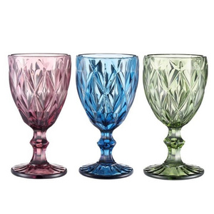 Wholesale Hot Selling Boho Blue Champagne Wine Glass Goblets Cups Diamond Vintage Colored Glassware Pink Goblets