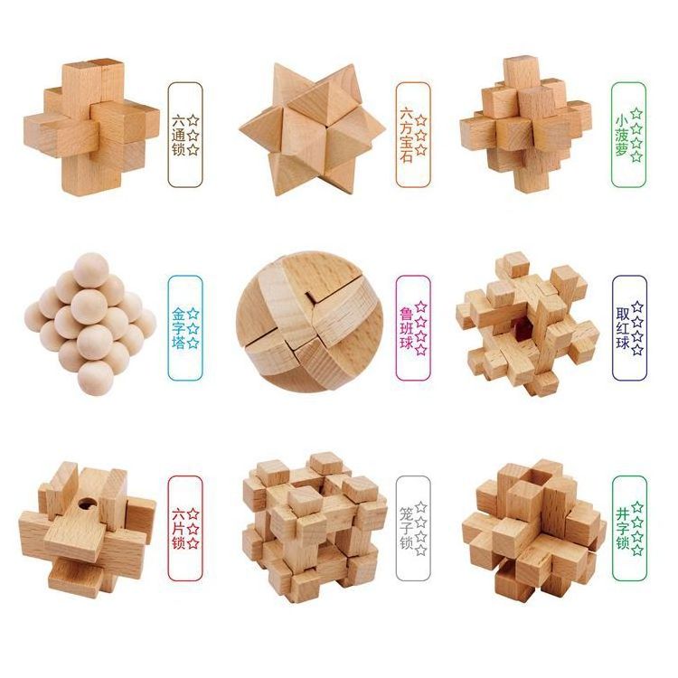 3D Jigsaw Puzzles Wooden Classic Cube Genius Puzzle and Brain Teasers Set of 6 Old China Kongming Luban Lock