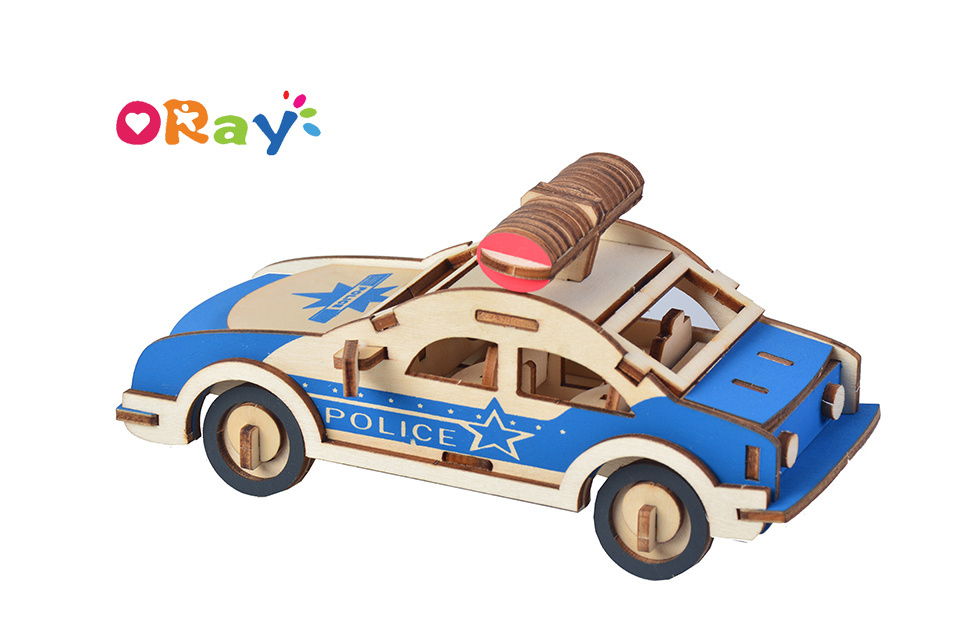 New Design Custom Toddler Children Educational DIY 3D Wooden Painting Cars Wooden Police Car jigsaw Puzzle for kids