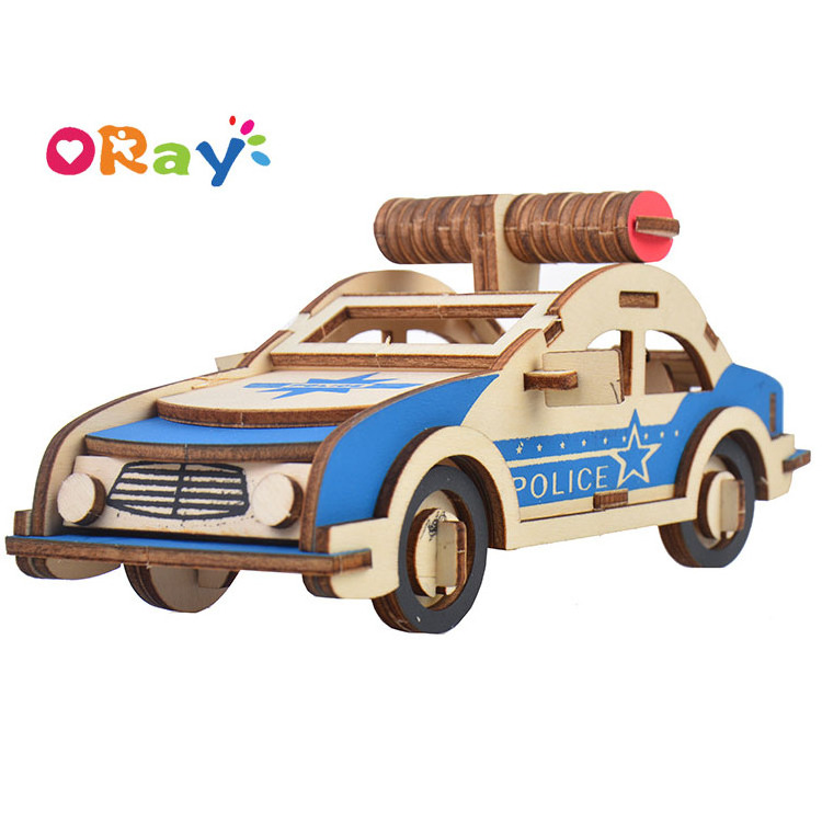 New Design Custom Toddler Children Educational DIY 3D Wooden Painting Cars Wooden Police Car jigsaw Puzzle for kids