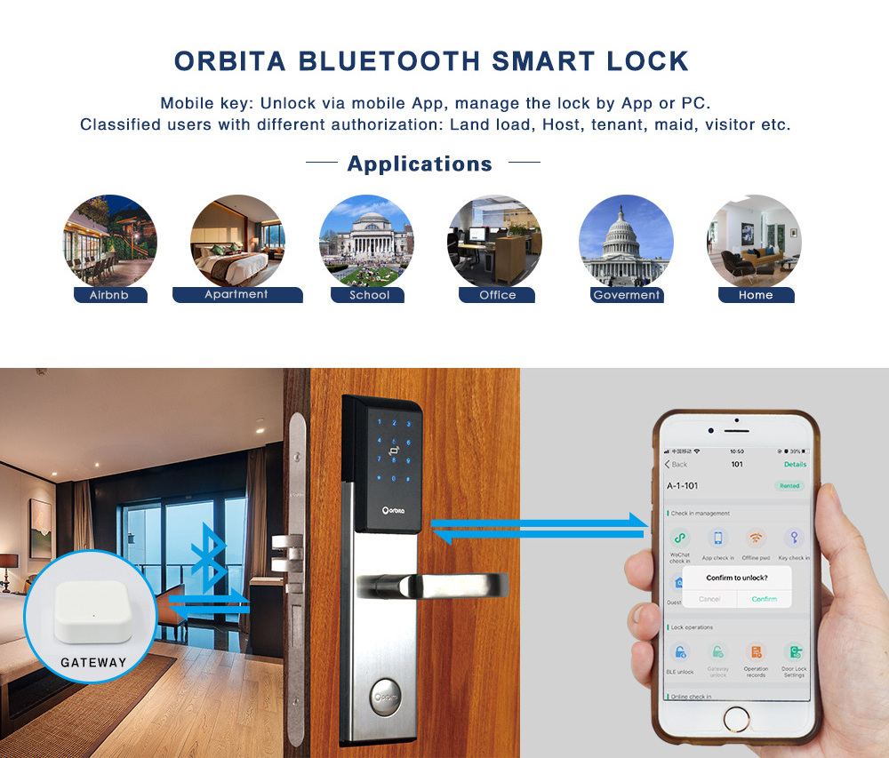 Orbita 2020 E3093 password +RFID key card+BLE  smart phone open Hotel smart door lock for apartment