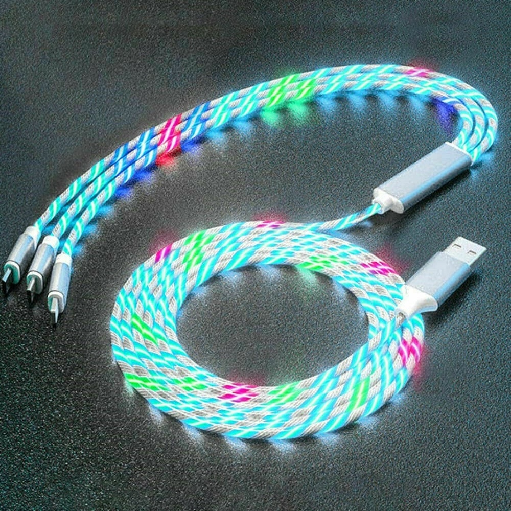 1.2m 3In1 LED Flowing Light Fast Charging USB Cable For IPhone Android Type-C