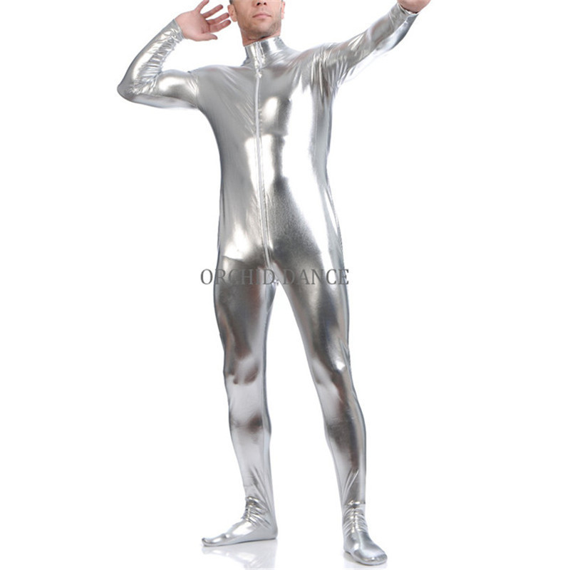 Hot Sale Cheap Low MOQ Full Footed High Neck Long Sleeve Metallic Shiny Spandex Gymnastics Dance Wear Men Unitards