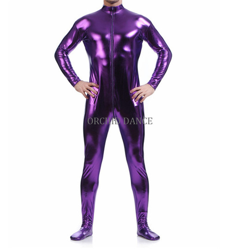 Hot Sale Cheap Low MOQ Full Footed High Neck Long Sleeve Metallic Shiny Spandex Gymnastics Dance Wear Men Unitards