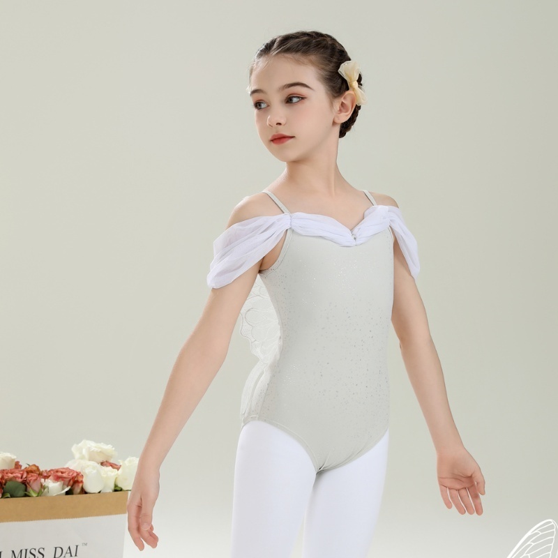 Hot Sale Cute Design Nylon Spandex Kids Girls Children Ballet Dance Wear Mesh Short Sleeves Butterfly Glitter Glitters Leotards