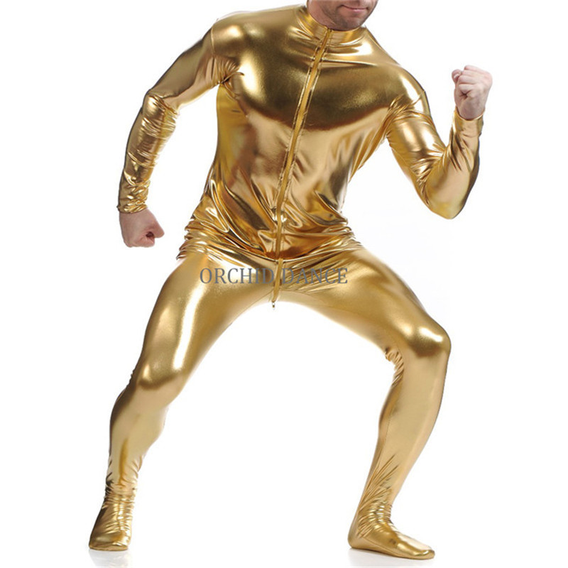 Hot Sale Cheap Low MOQ Full Footed High Neck Long Sleeve Metallic Shiny Spandex Gymnastics Dance Wear Men Unitards