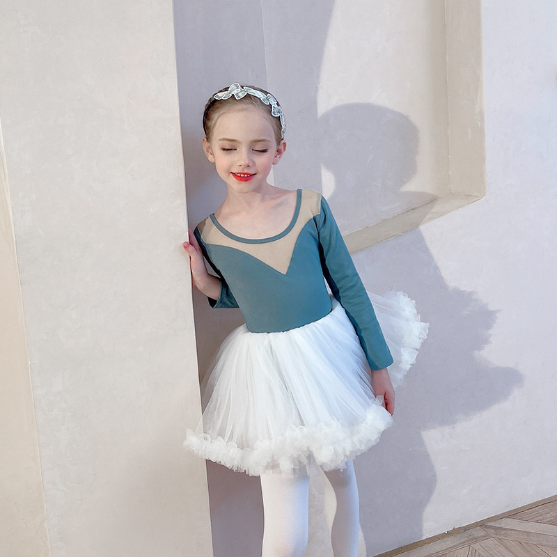 Hot Sale High Quality Kids Girls Dance Set Dance  Dress Costumes Long Sleeve Black Gray Mesh Ballet Leotard with skirt