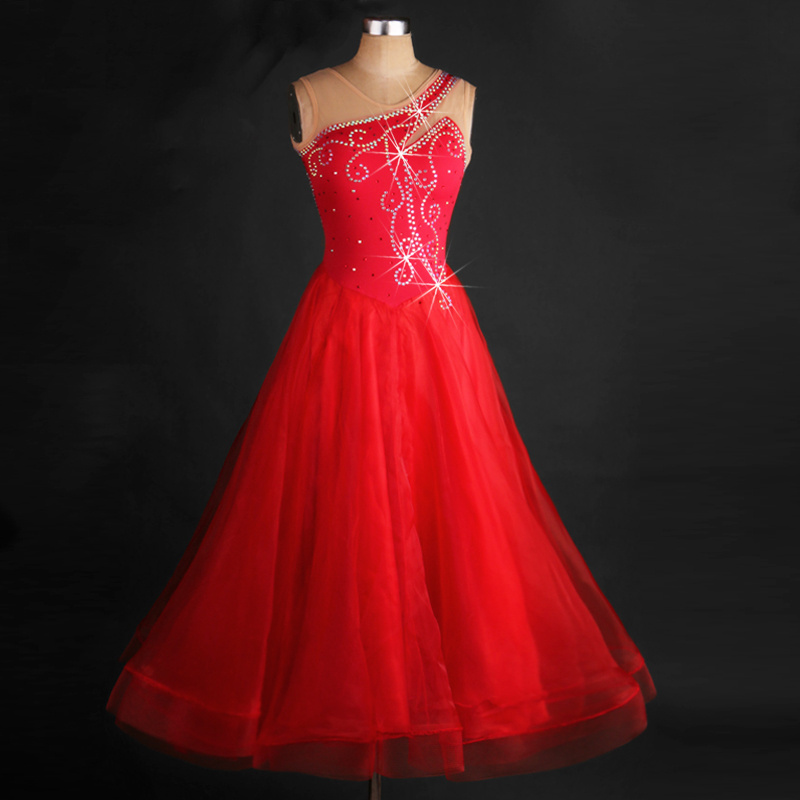 MOQ 1pcs Women Girls Red Dance Dresses Ballroom Competition Costume