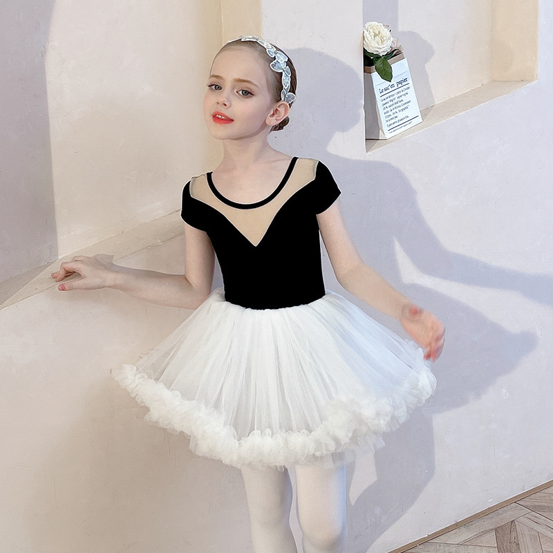 Hot Sale High Quality Low MOQ Fast Delivery Kids Girls Ballet Costumes Short Sleeve Mesh Dance Leotard with tutu skirt