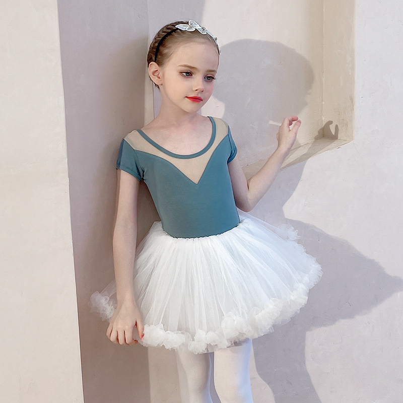 Hot Sale High Quality Low MOQ Fast Delivery Kids Girls Ballet Costumes Short Sleeve Mesh Dance Leotard with tutu skirt