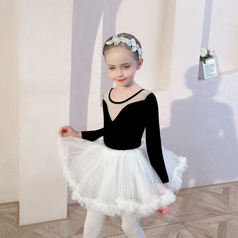 Hot Sale High Quality Kids Girls Dance Set Dance  Dress Costumes Long Sleeve Black Gray Mesh Ballet Leotard with skirt