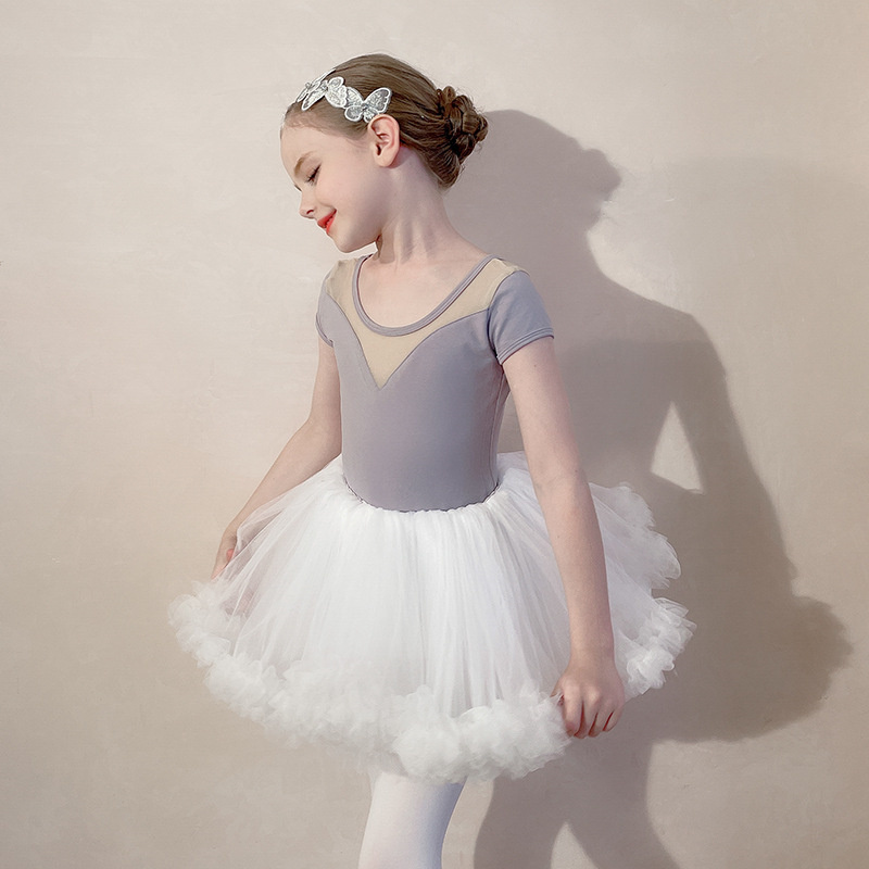 Hot Sale High Quality Low MOQ Fast Delivery Kids Girls Ballet Costumes Short Sleeve Mesh Dance Leotard with tutu skirt