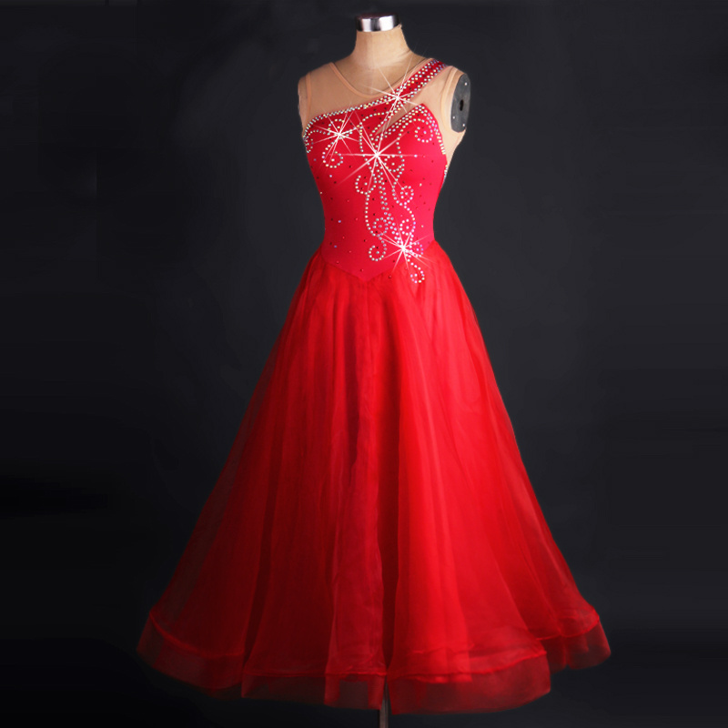 MOQ 1pcs Women Girls Red Dance Dresses Ballroom Competition Costume