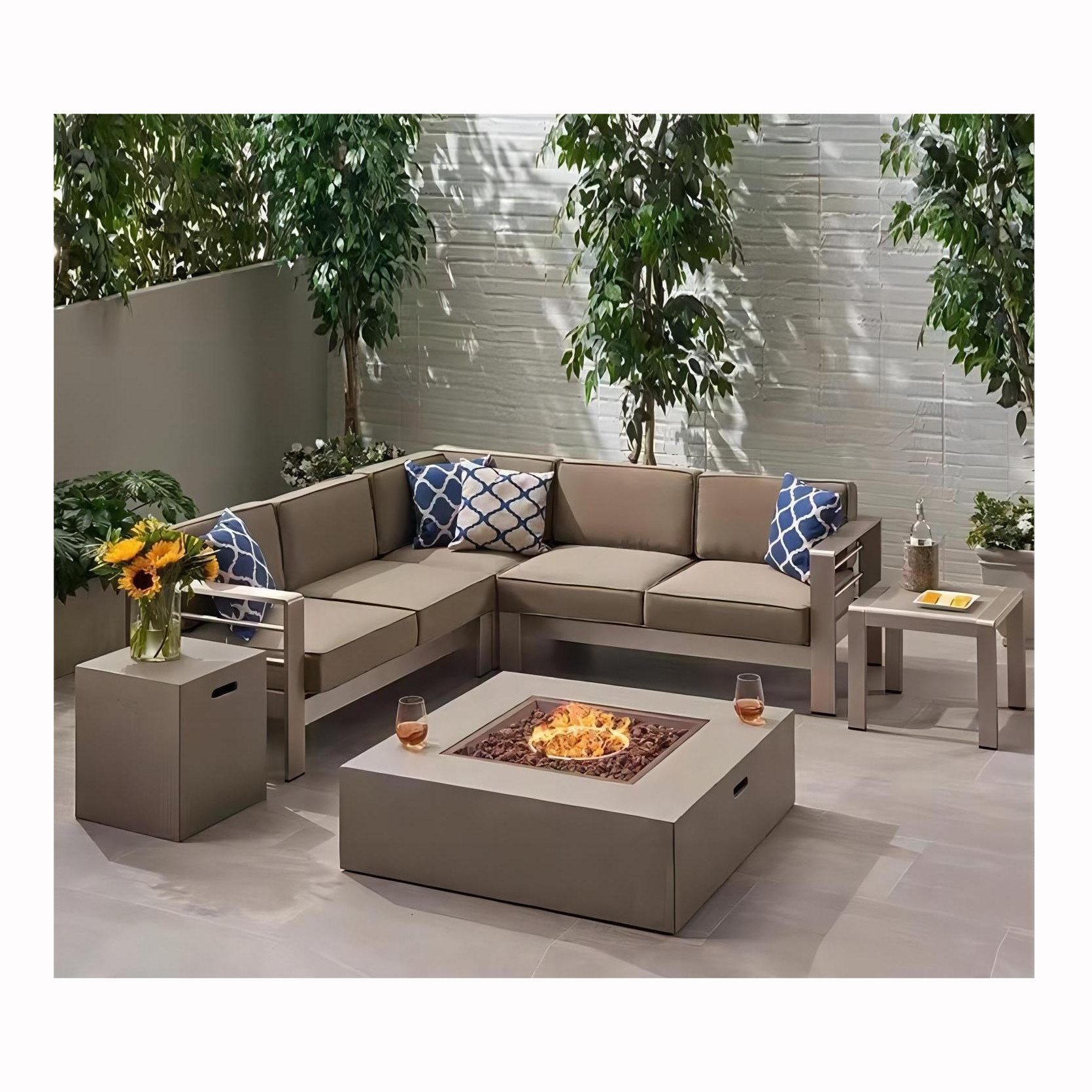 Patio Garden Outdoor Furniture Sets With Fire Pit Table Modern Lounge Sofa Waterproof Sectional Sofa Set