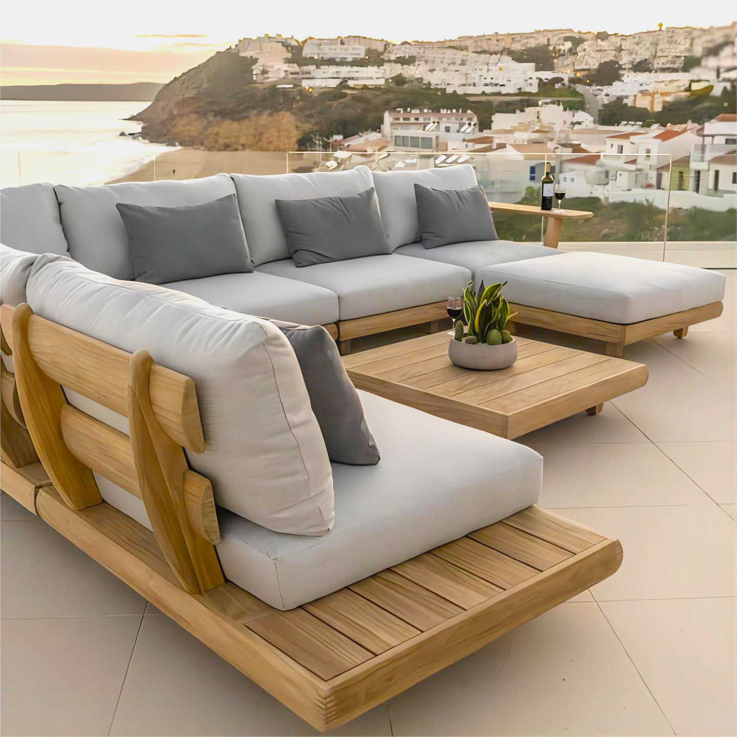 Modern Sofa Set With Cushion Living Room Garden Furniture Patio Teak Wood Hotel Sectional L Shape Outdoor Sofa Set