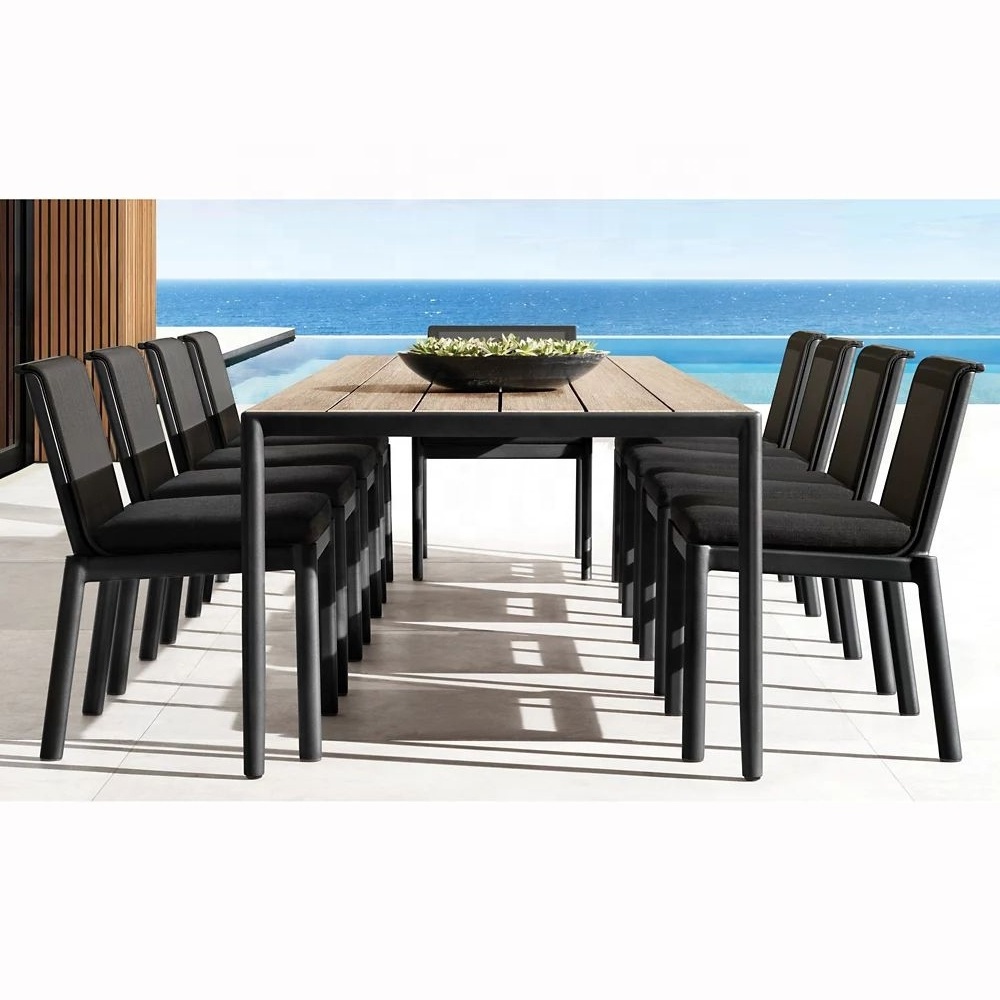 High quality new arrival outdoor patio furniture black aluminum chair table stackable garden dining set with 8 chairs