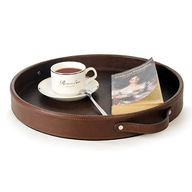 Home Decor Serving Trays PU Leather Custom Leather Valet Round Tray Storage Organizer