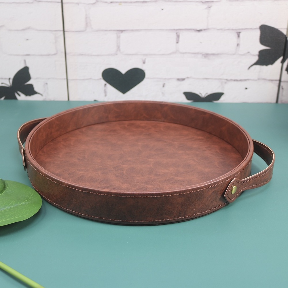 Home Decor Serving Trays PU Leather Custom Leather Valet Round Tray Storage Organizer