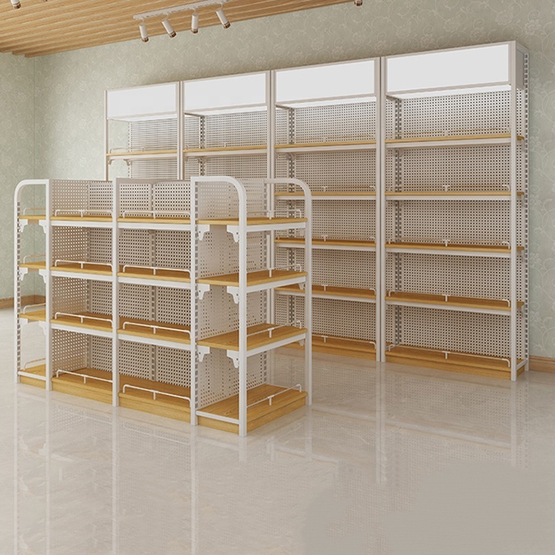 Best seller steel wooden supermarket rack retail store cosmetic display shelving with cabinets supermarket display rack