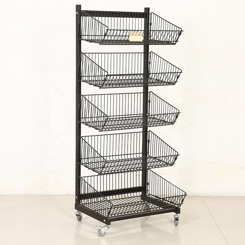 Wholesale metal wire display rack black color five layers display stand rack with wheels wire display floor stand rack