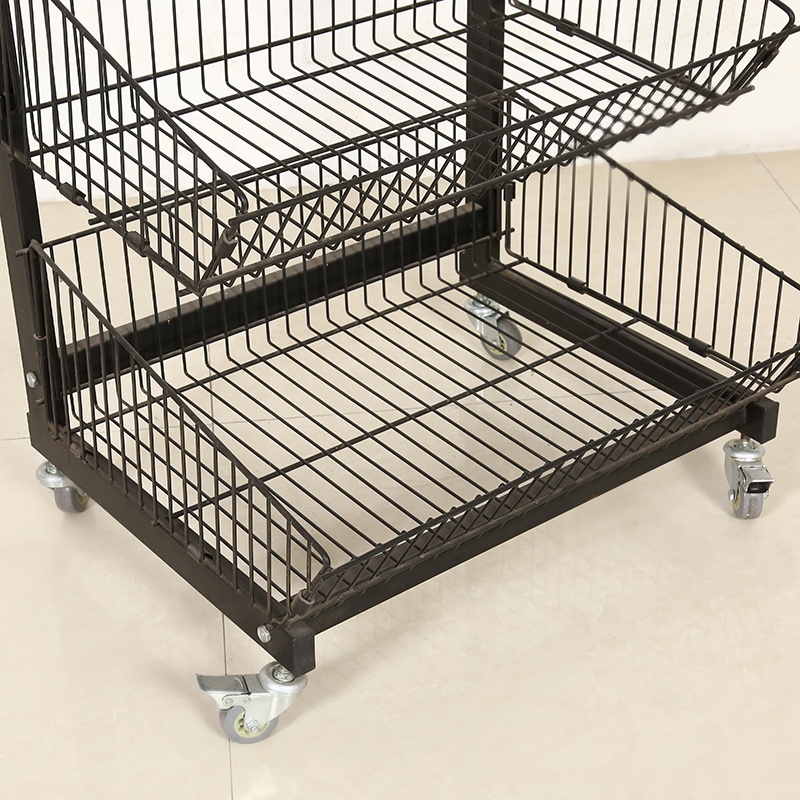 Wholesale metal wire display rack black color five layers display stand rack with wheels wire display floor stand rack