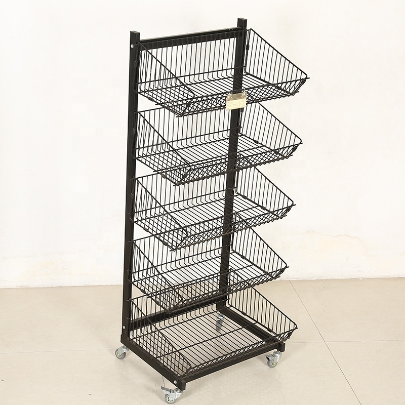 Wholesale metal wire display rack black color five layers display stand rack with wheels wire display floor stand rack