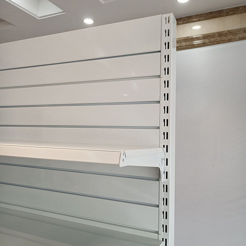 Manufacturer single side 5 layers slat wall back panel heavy duty supermarket shop store display metal iron shelf shelving rack