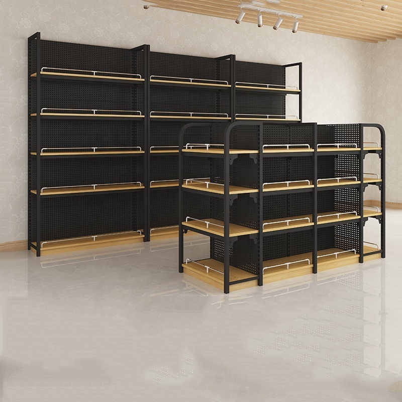 Best seller steel wooden supermarket rack retail store cosmetic display shelving with cabinets supermarket display rack