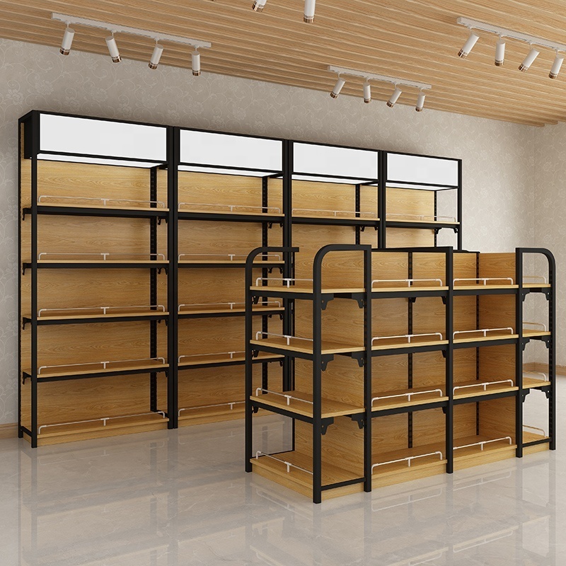 Best seller steel wooden supermarket rack retail store cosmetic display shelving with cabinets supermarket display rack