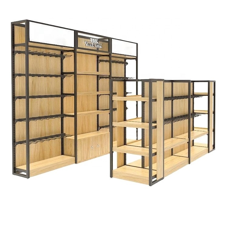 Manufacturer Double side 5 layers flat back panel light duty supermarket shop store display wooden shelf shelving rack