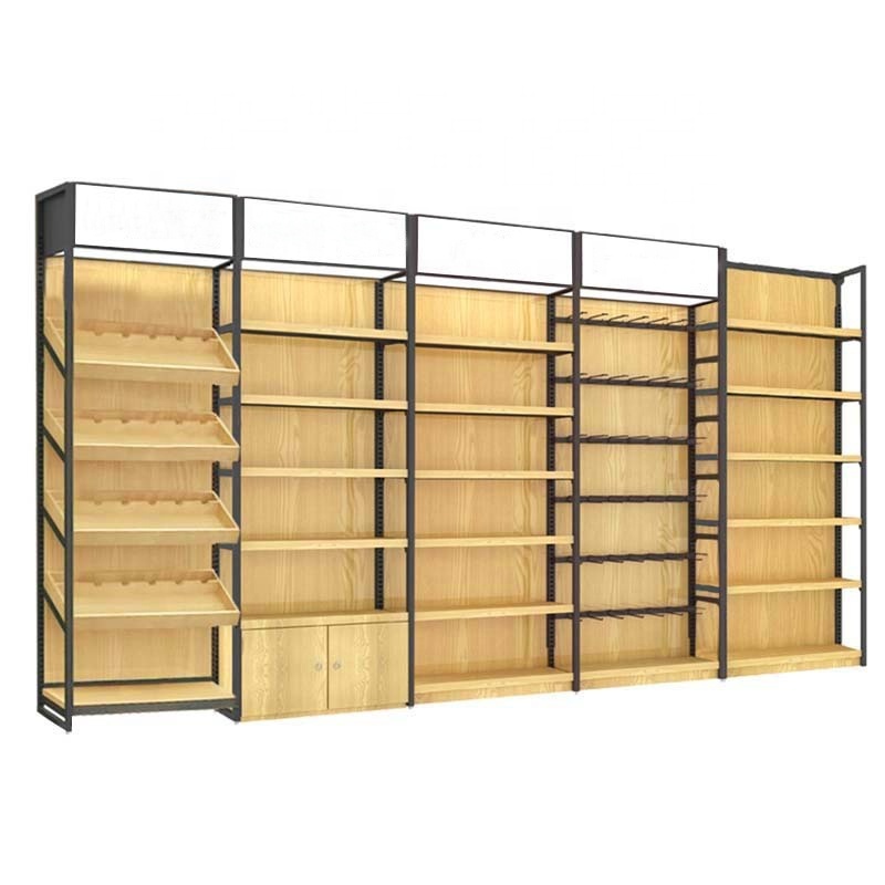 Manufacturer Double side 5 layers flat back panel light duty supermarket shop store display wooden shelf shelving rack