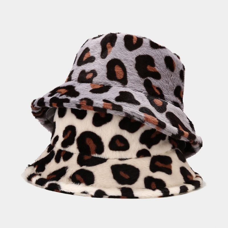 Wholesale Women'S Winter Big Leopard Print Fisherman Hat Sunday Angora Yarns Hair Flat Brim Basin Hat Fashion Bucket Hat