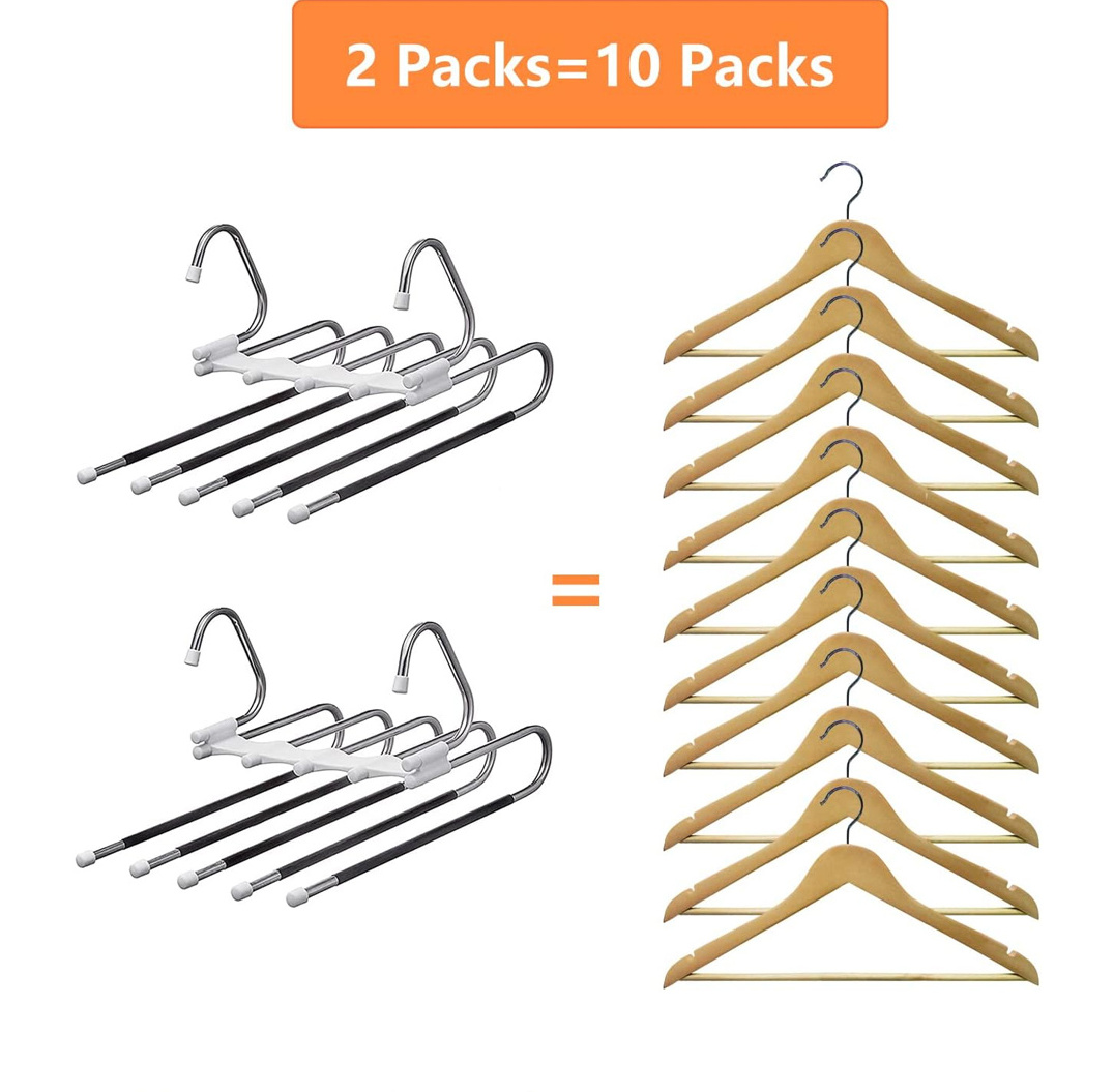 Upgrade Pants Hangers 2 Pack Space Saving S-Type Stainless Steel Clothes Pants Hangers Anti-Slip Design Closet Storage Organizer