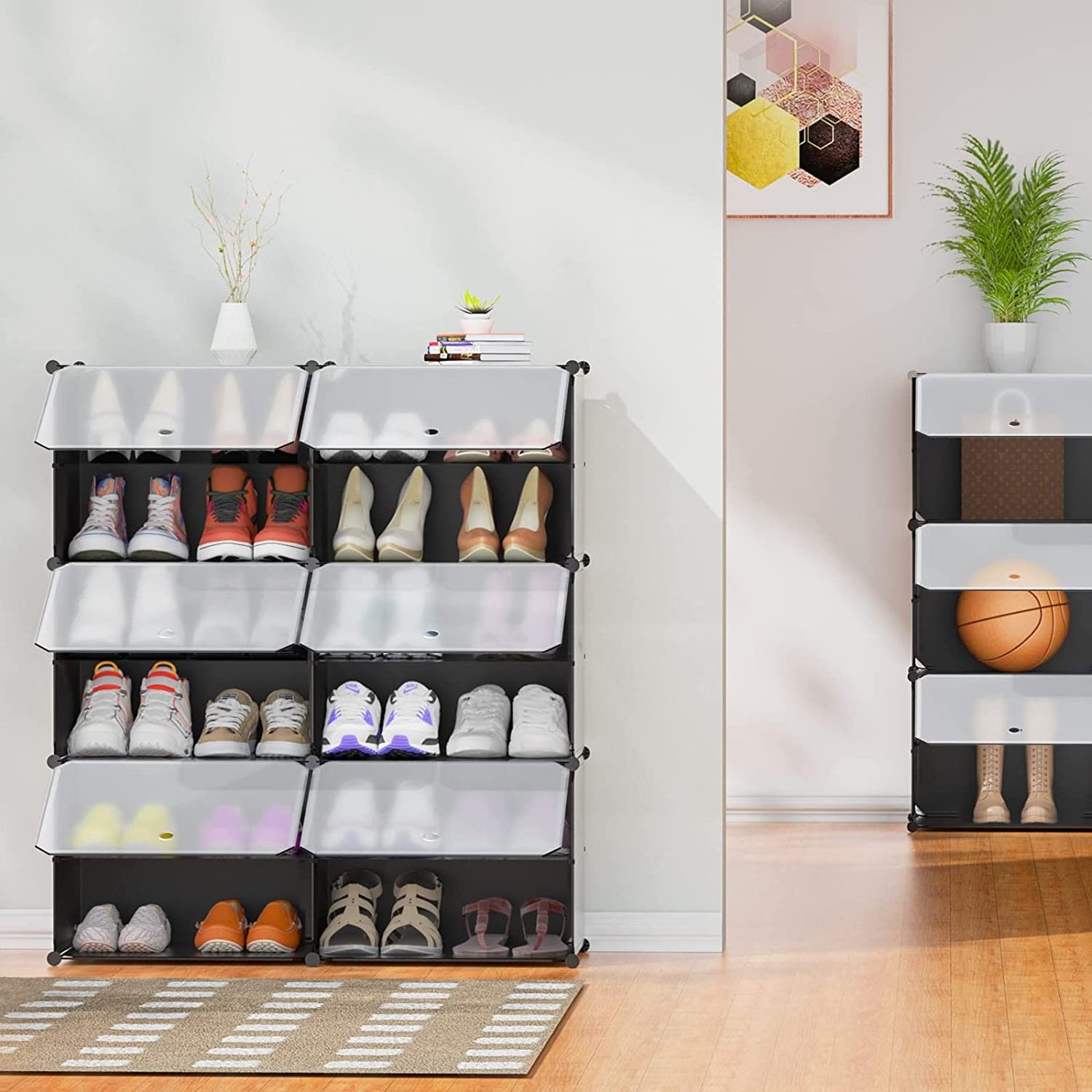 Stackable 24 Pair Plastic Shoe Shelves Organizer 6 Tier Shoe Storage Cabinet with Doors for Closet